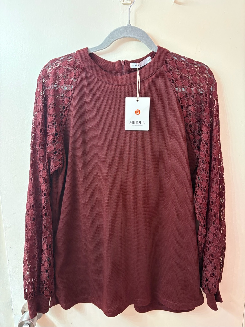 Amazon Burgundy Long-Sleeve Knit Top with Lace Sleeves